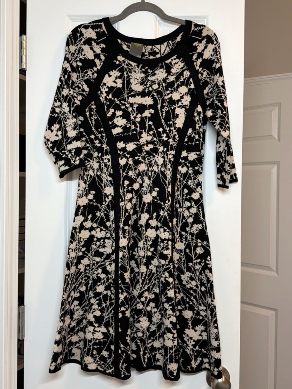 Taylor Black & Cream Floral Long-Sleeve Fit-and-Flare Dress